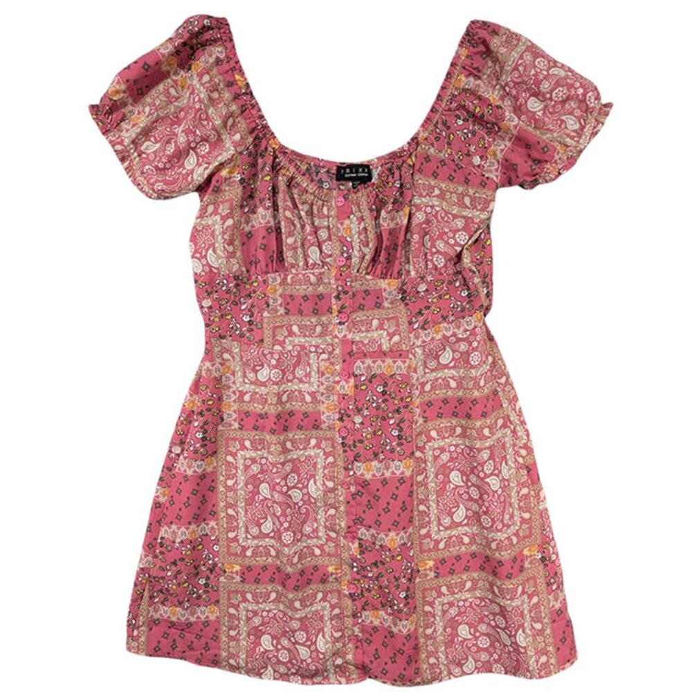 Trixxi Mini Dress Womens M Pink Milkmaid Cottagecore‎ Patchwork Y2K 90s Revival